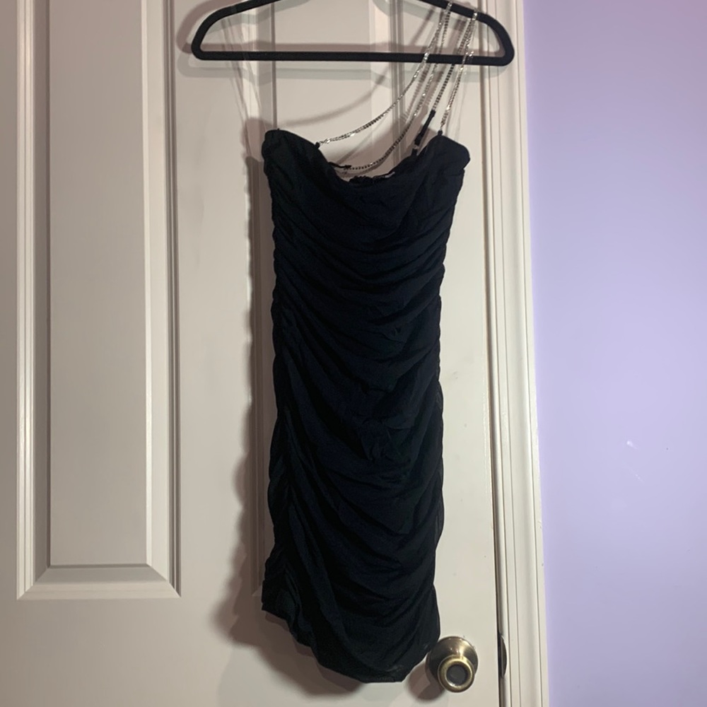 One shoulder rhinestone midi dress.